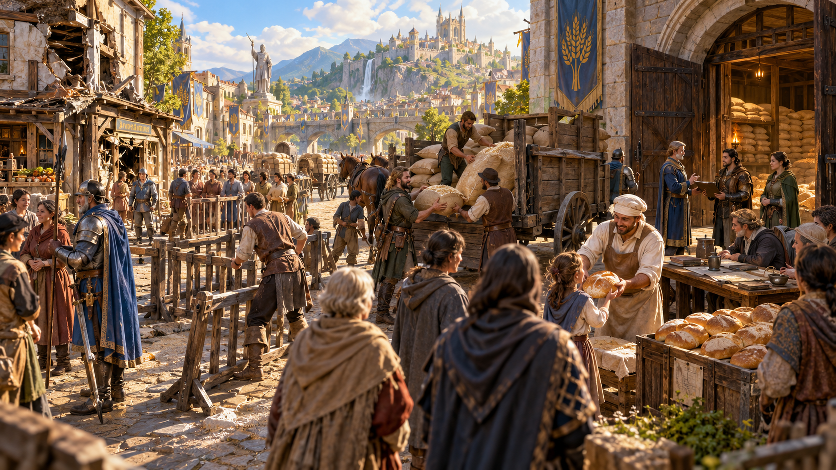 Fantasy illustration of a damaged market being repaired, grain unloaded from wagons, bread handed to children and adventurers discussing documents beside an opened warehouse