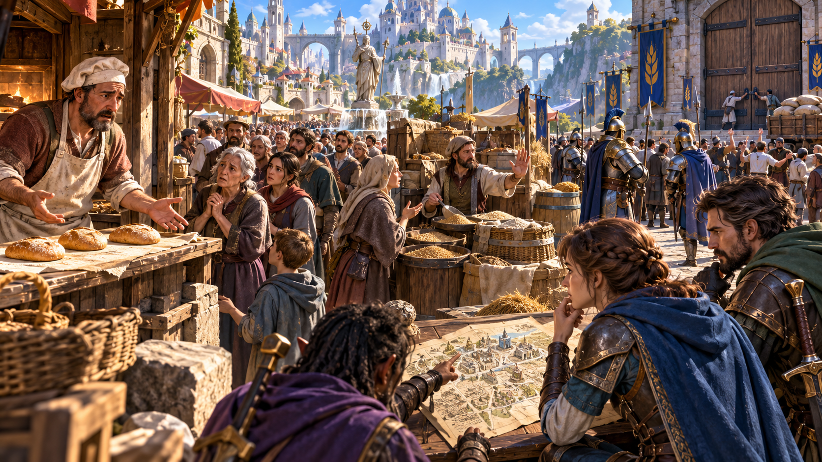 Fantasy illustration of worried people queuing for bread, grain sellers, adventurers studying a map and a crowd at closed guarded warehouse doors