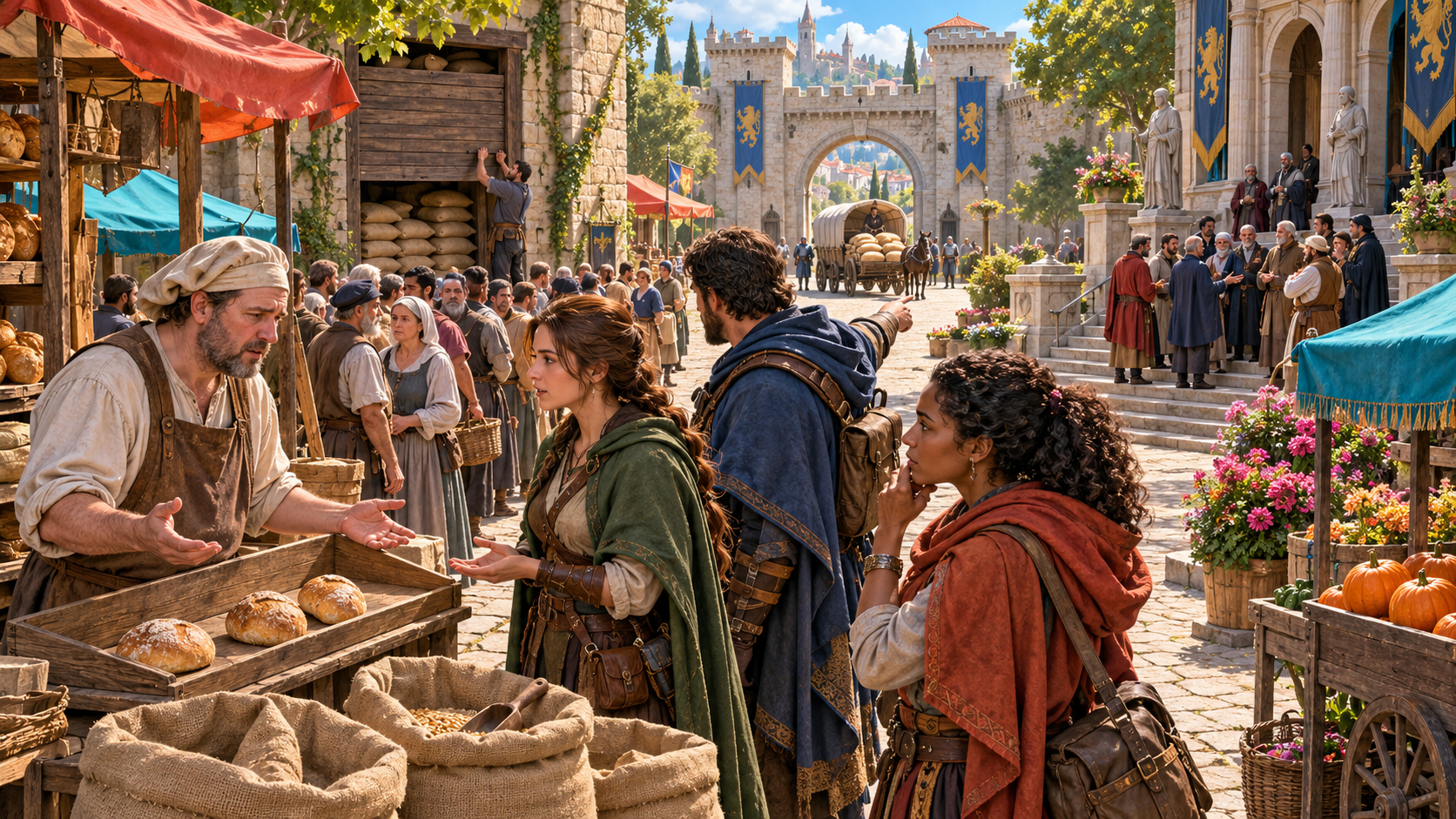 Fantasy illustration of a concerned baker speaking to adventurers beside a sparse bread tray with grain storage, a loaded cart, a city gate and nearby officials